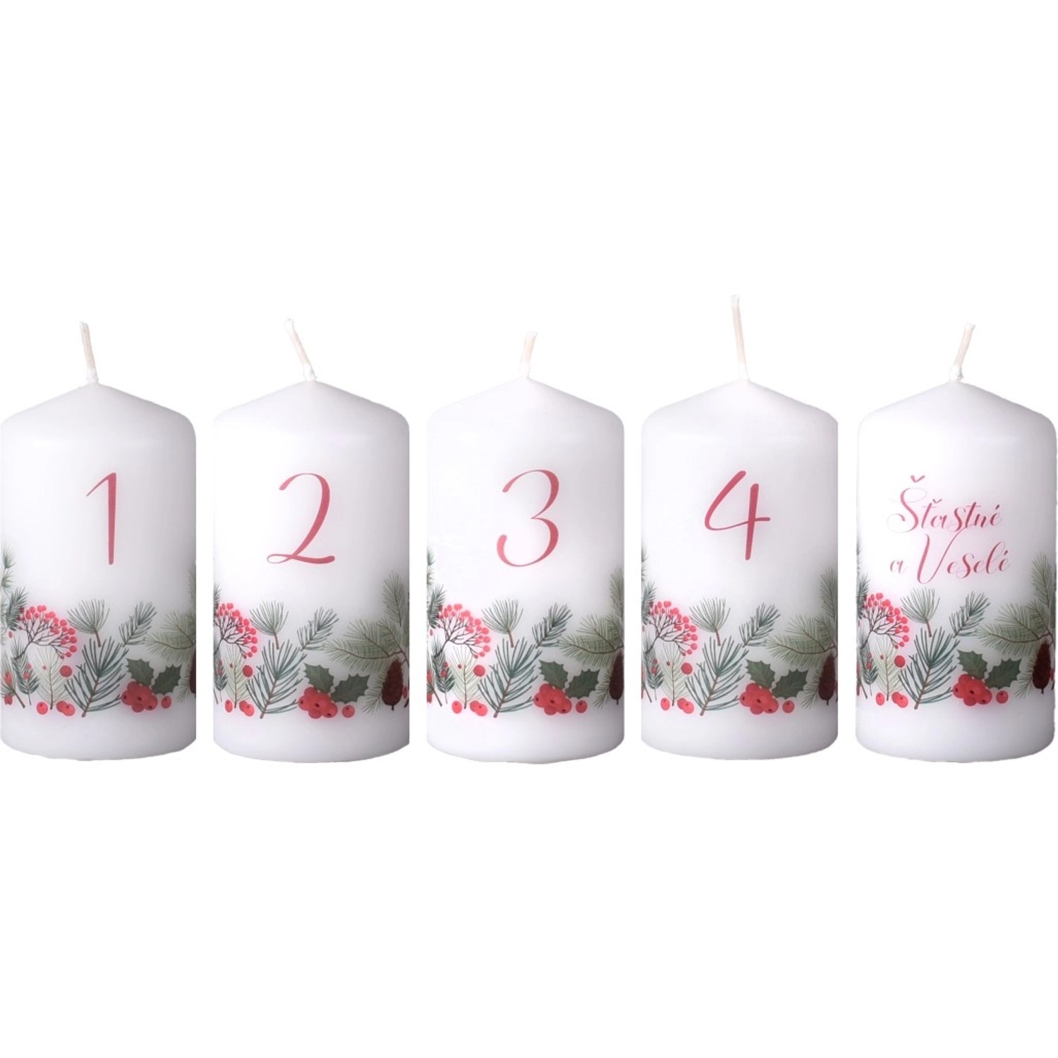 Emocio Svíčka válcová, adventní čísla Šťastné a Veselé, 50 x 90 mm, 5 ks
