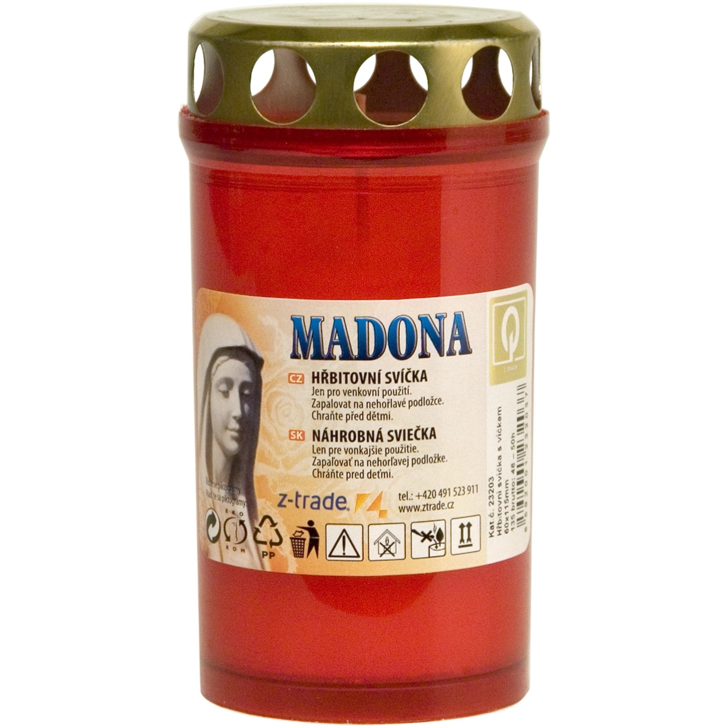 Hřbitovní svíčka Madona s plechovým víčkem, červená, 135 g