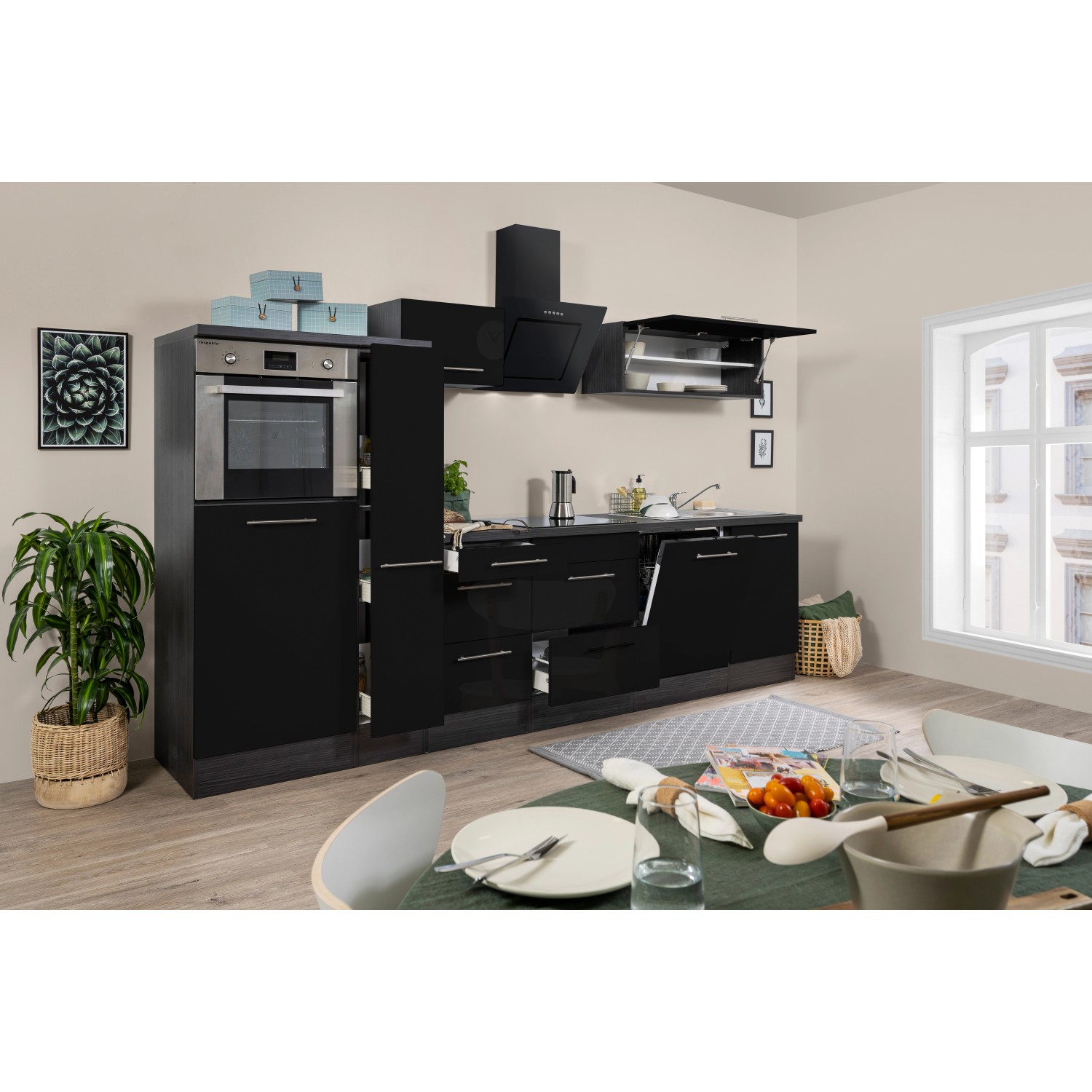 Respekta Kuchyně Amanda černá/dub 310 cm-trouba/skl.deska/digestoř/myčka/lednice