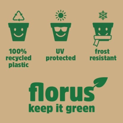 Symboly pro recyklovaný plast, UV ochranu a mrazuvzdornost závěsného květináče Florus.