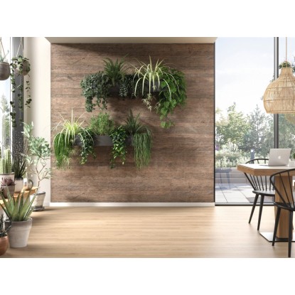 Egger DecoWall Annaba Přírodní dub nástěnné panely v místnosti s rostlinami a jídelním stolem.