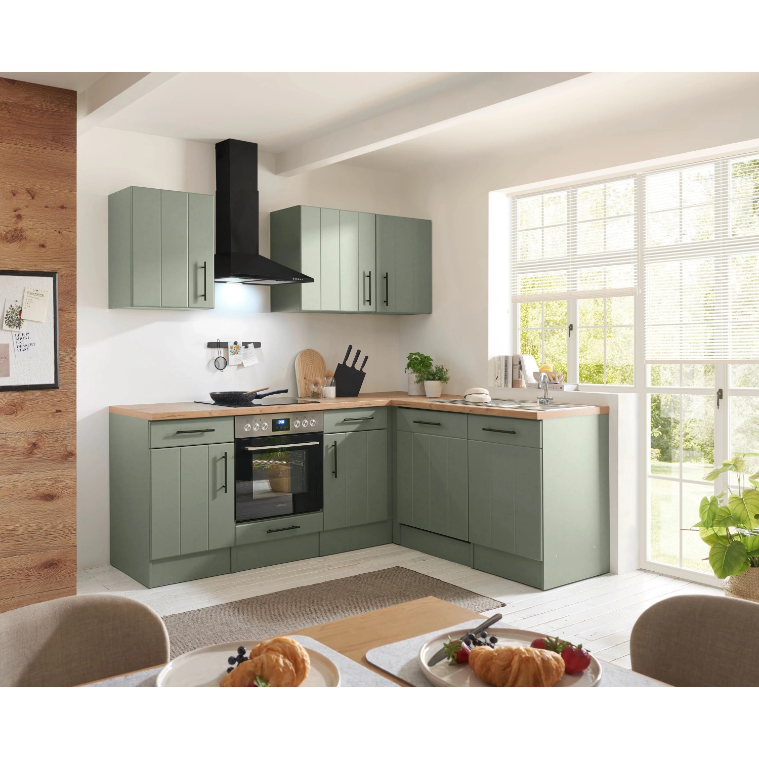 Respekta Kuchyně Anton L zelená/dub divoký 220 cm-trouba+skl.d./myčka/digestoř