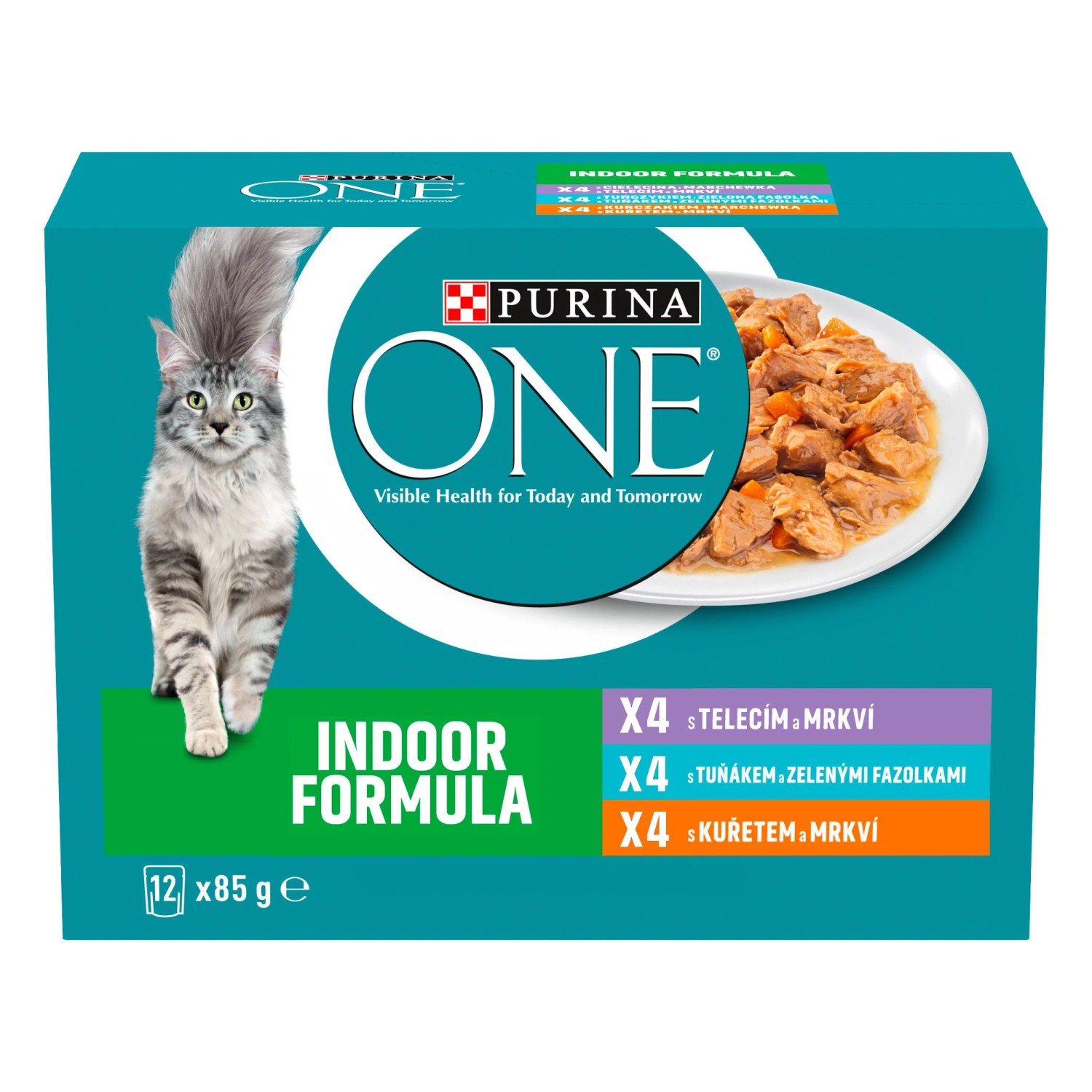 PURINA ONE Indoor Kapsička pro kočky telecí, tuňák, kuře 12 x 85 g
