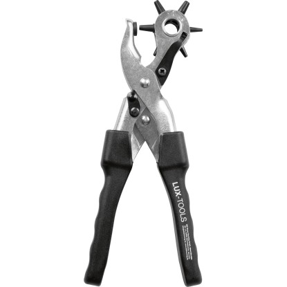 LUX-TOOLS PRO revolverové děrovací kleště 250 mm, stříbrné s černými ergonomickými rukojeťmi a různými velikostmi.