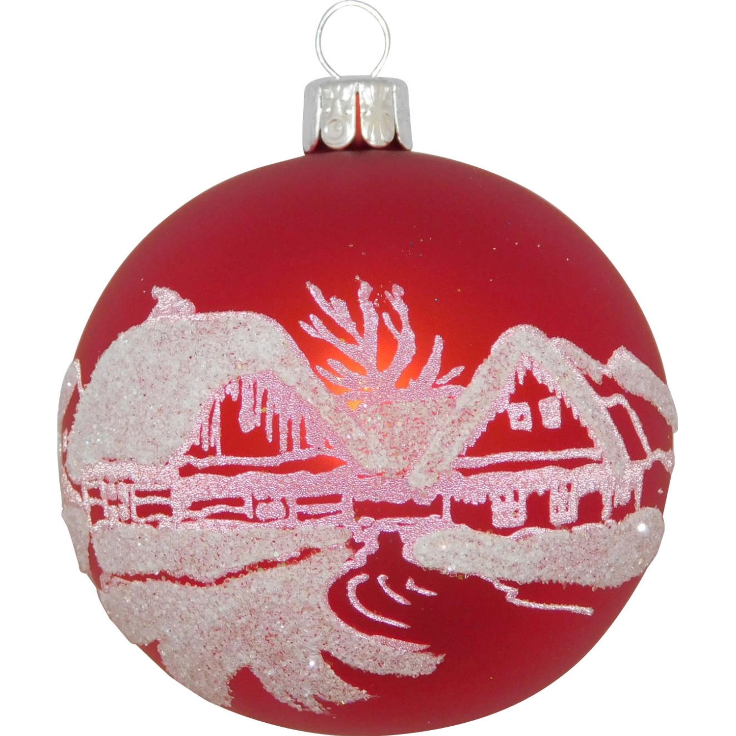 Ornex Vánoční ozdoba skleněná koule s vesnicí červená, 7 cm
