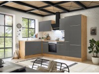 Respekta Kuchyně Marleen L šedá/dub 310 cm-trouba+skl.d../digestoř/myčka/lednice