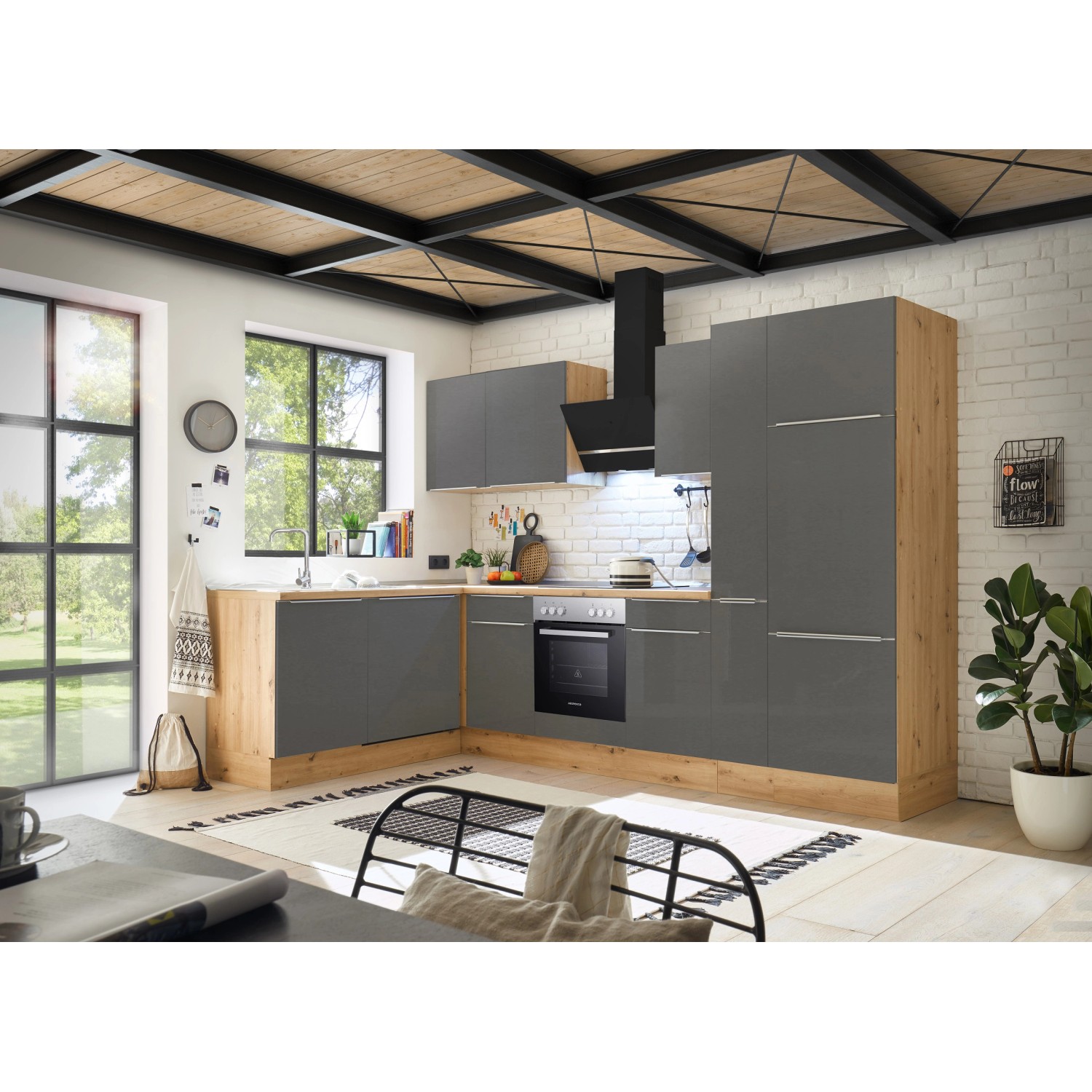 Respekta Kuchyně Marleen L šedá/dub 310 cm-trouba+skl.d../digestoř/myčka/lednice