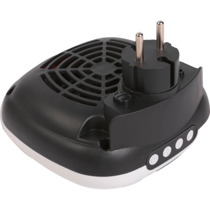 Kompaktní černý zásuvkový ohřívač 700 W pro malé prostory.
