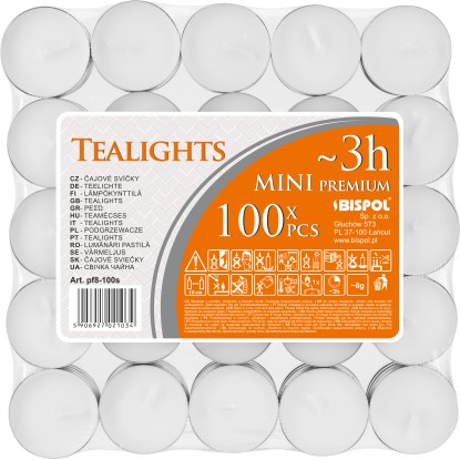 BISPOL Čajové svíčky MINI PREMIUM bílé 8 g, 100 ks