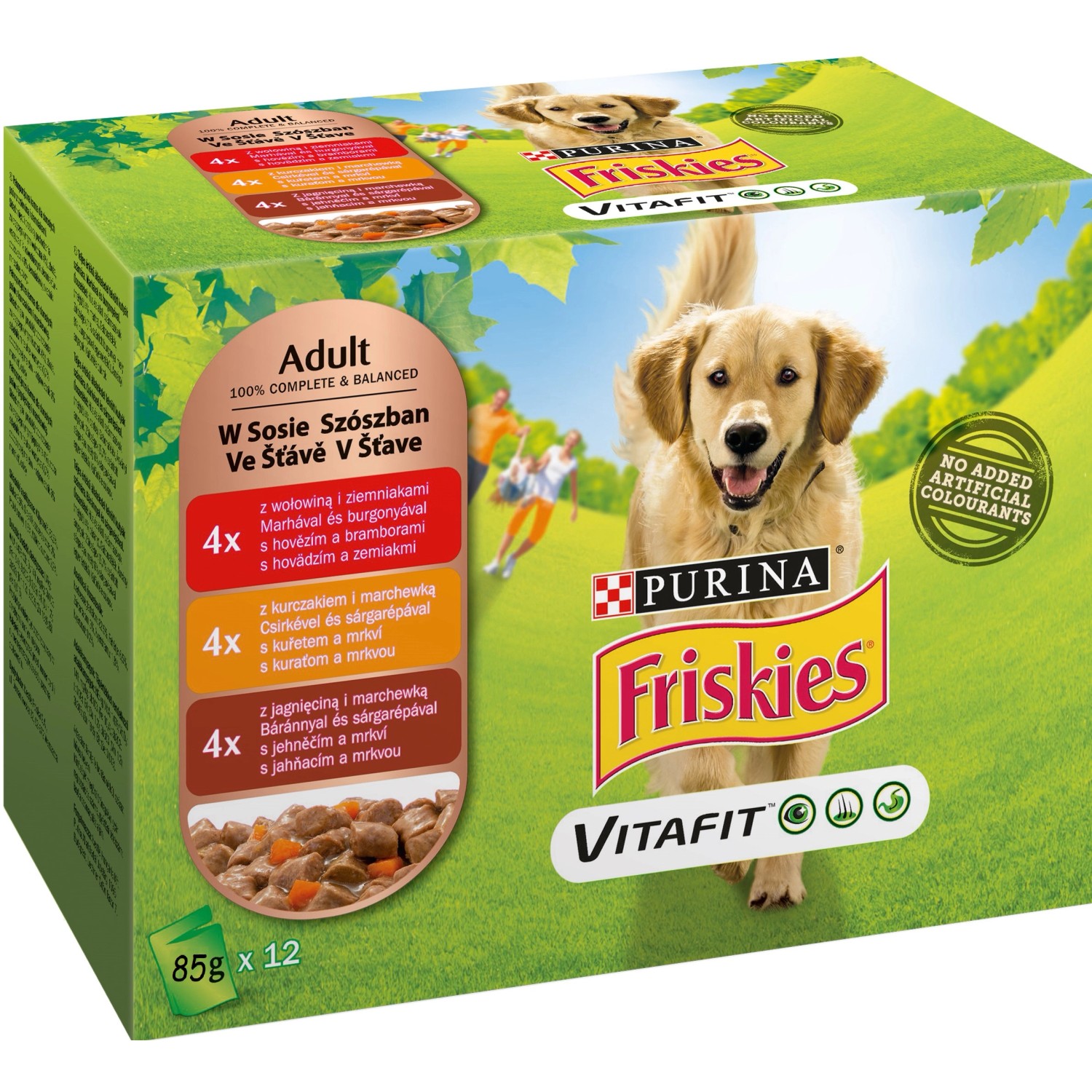 Purina Kapsičky pro psy Friskies Adult hovězí, kuřecí, jehněčí ve šťávě 12x85 g