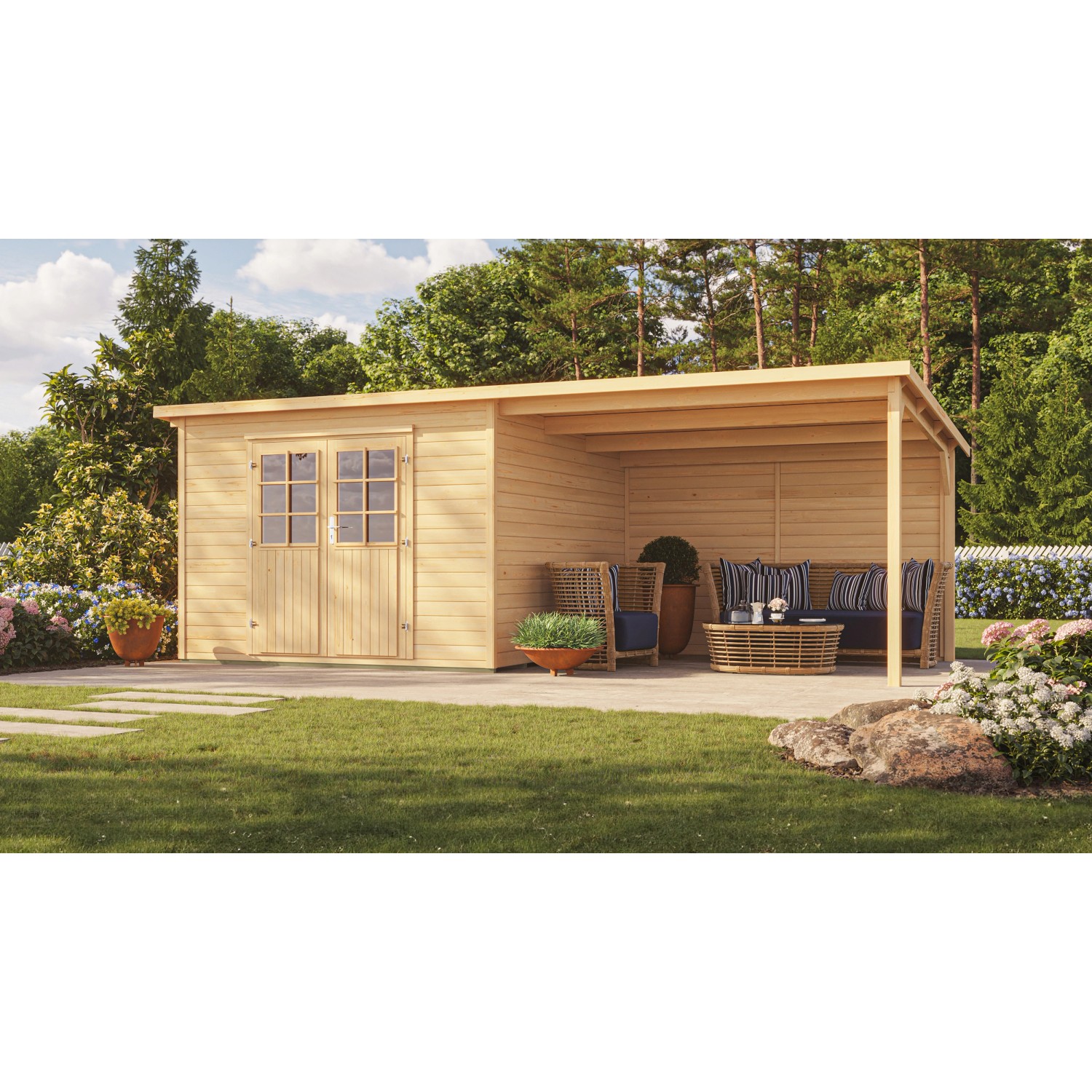 Weka Dřevěný zahradní domek Como s přístřeškem 295 x 300 cm