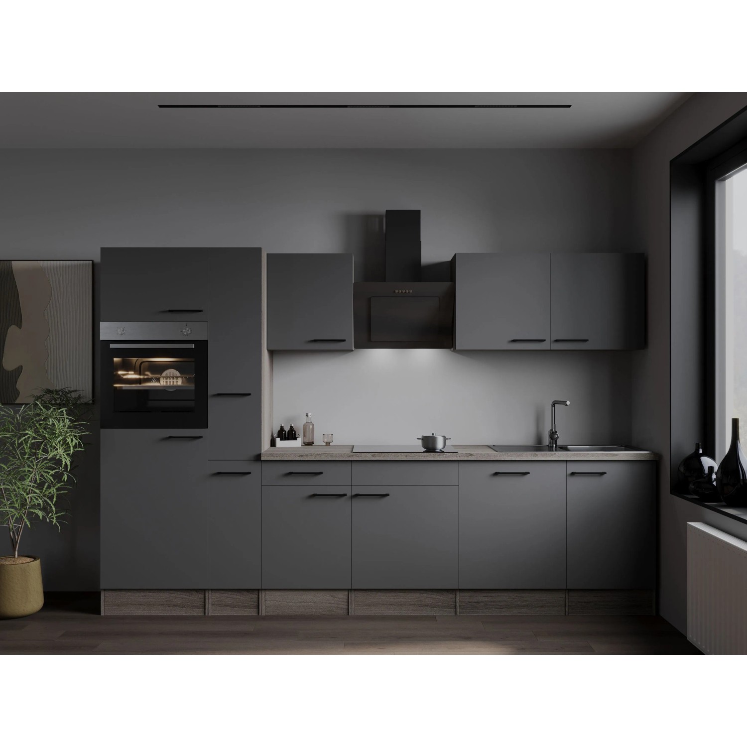 Respekta Kuchyně Oliver šedá m./dub 310 cm-trouba/skl.deska/dig./myčka/led.