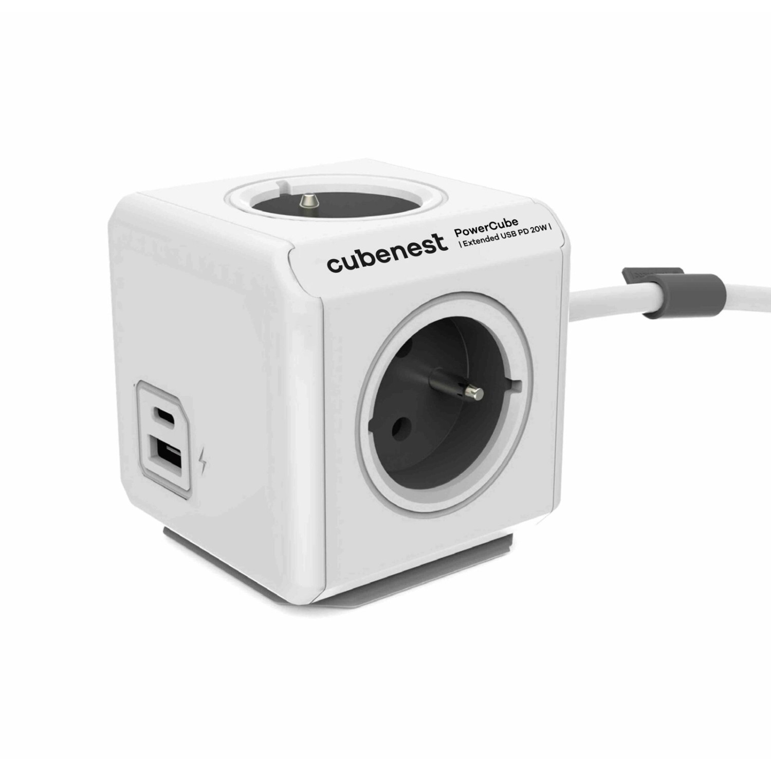 Cubenest Rozbočovač PowerCube Extended USB PD 20W, 4x zásuvka + USB A+C, šedá