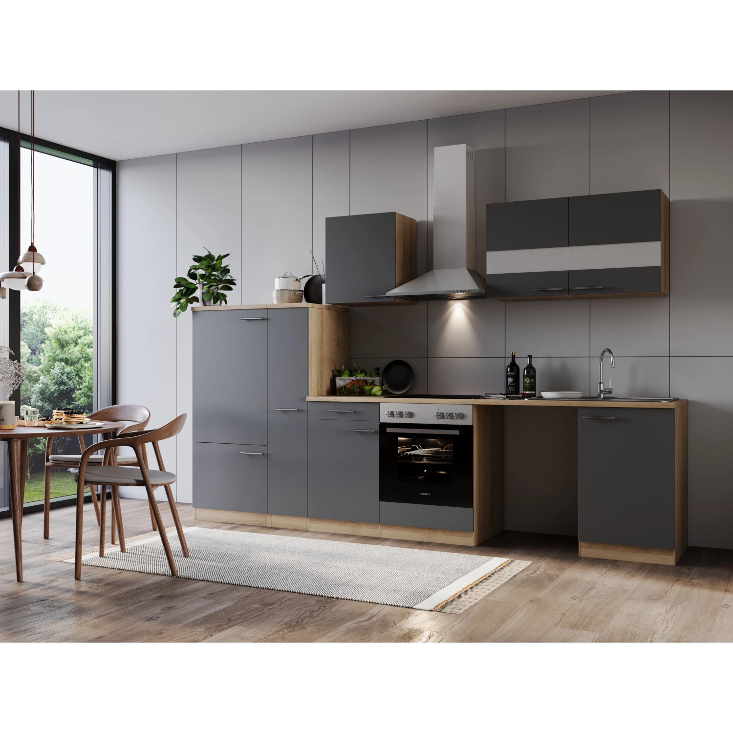 Respekta Kuchyně Merle šedá/dub 310 cm-skl.deska/kom.dig/lednice/nika na pračku