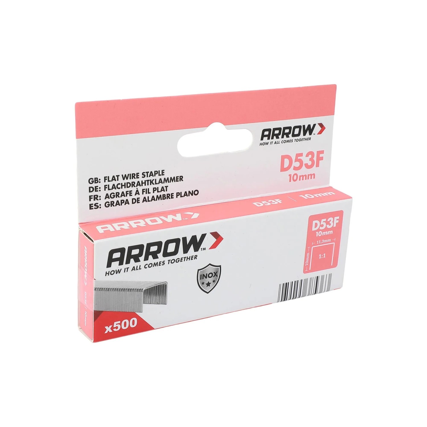 Arrow Ploché drátěné sponky do sponkovačky D53F V2A, délka 10 mm, 500 ks