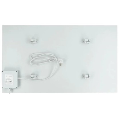 Zadní pohled na bílý E2 Elektro IR-Heizpaneel Infrae² Smart & Easy Crystal M 500 W s příslušenstvím.