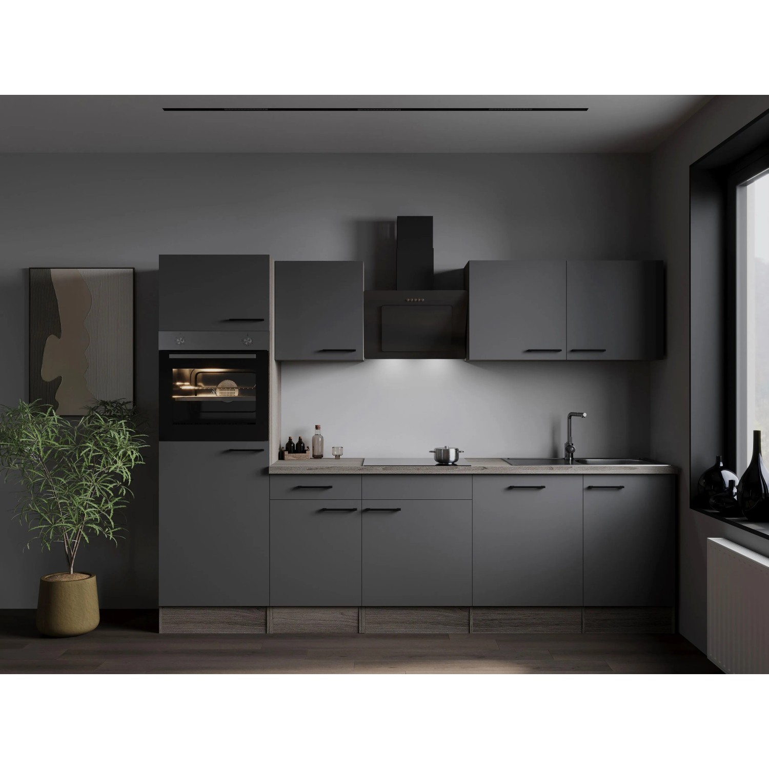 Respekta Kuchyně Oliver šedá m./dub 280 cm-trouba/skl.deska/dig./myčka/led.