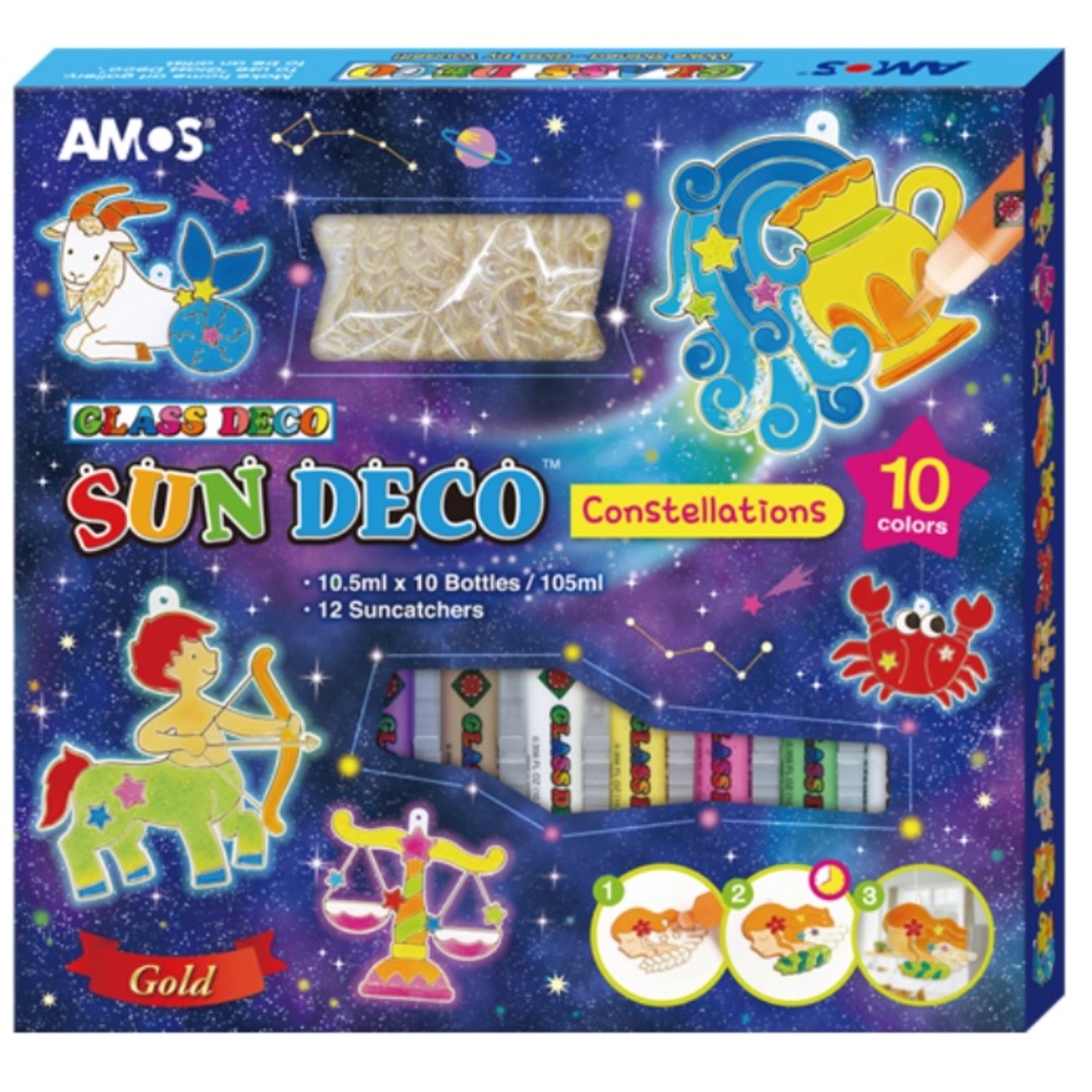 Amos Barvy na sklo sada 10 barev, 10,5 ml + 12 sklíček Zvěrokruh