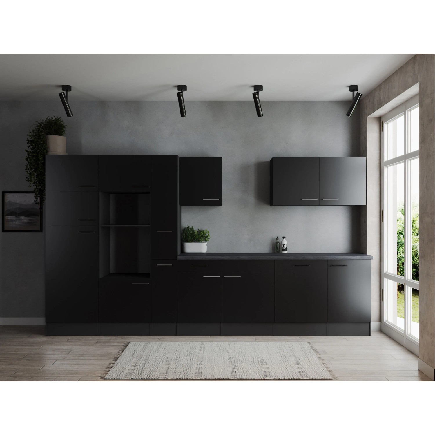 Respekta Kuchyně Oliver černá/žula 370 cm - bez el. přístrojů