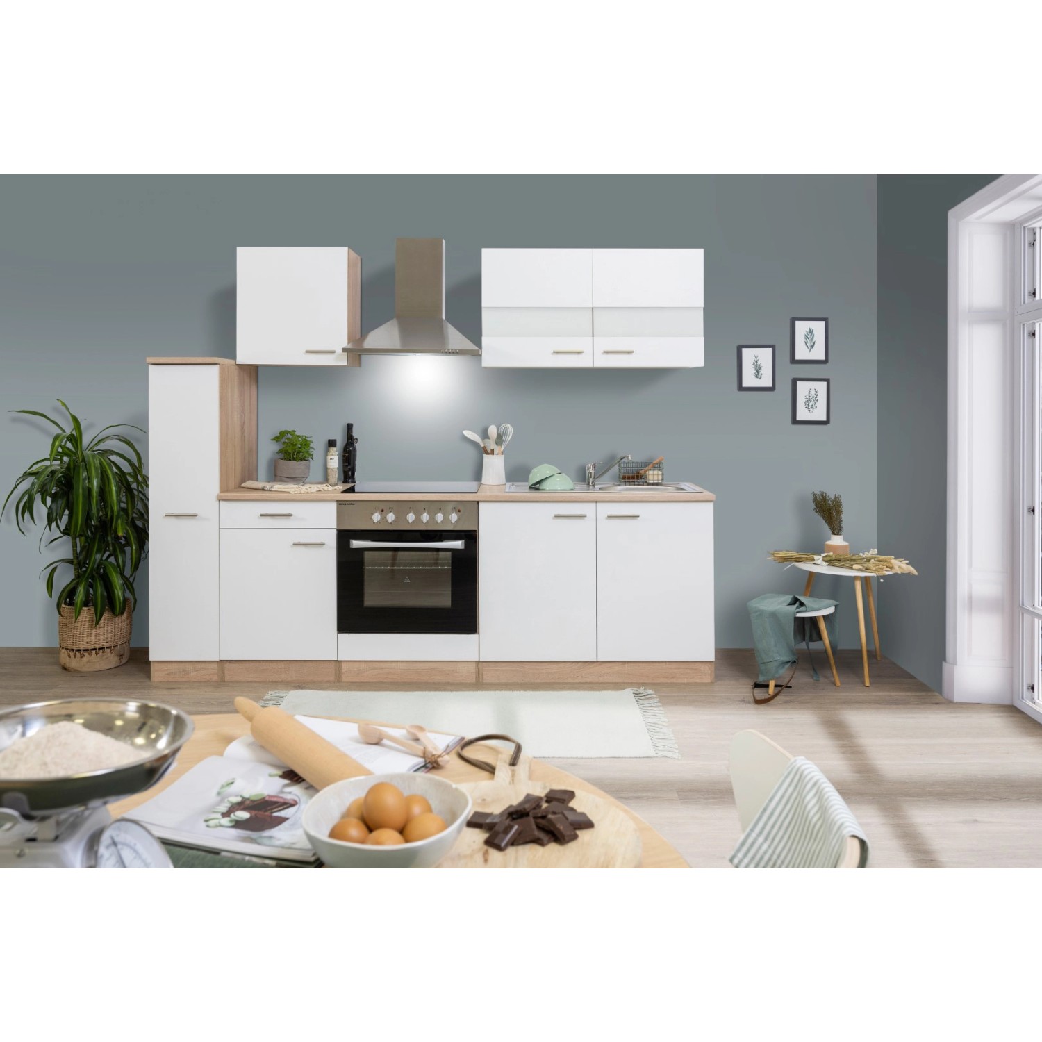 Respekta Kuchyně Merle bílá/dub 240 cm-skl.deska/komín.digestoř