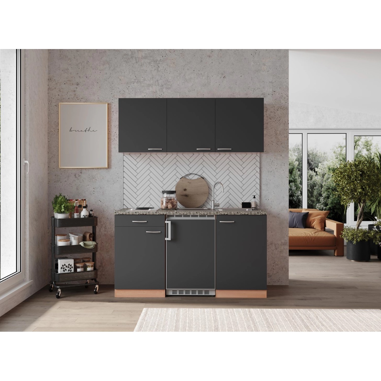 Respekta Kuchyně Gerda šedá/žula 150 cm-nrz.deska, lednice