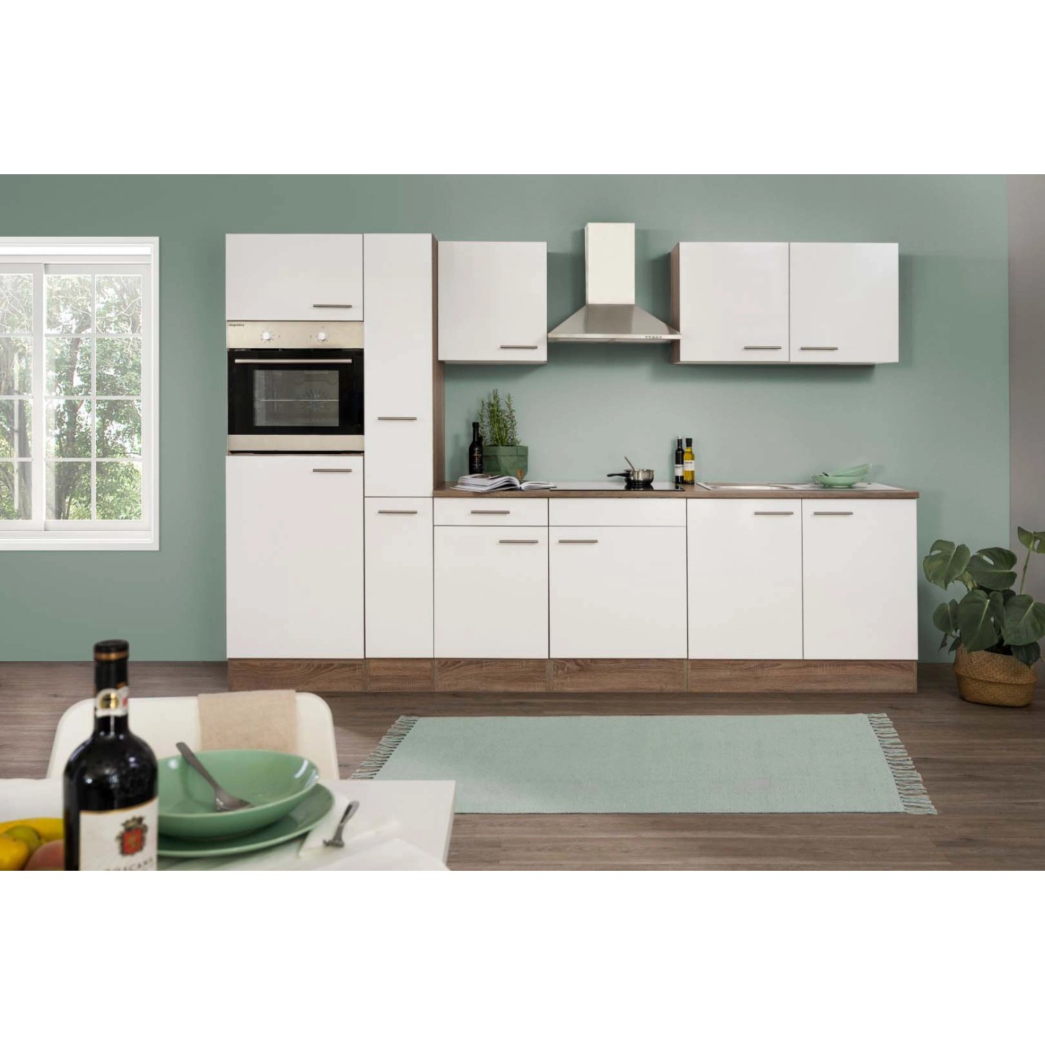 Respekta Kuchyně Oliver bílá - hedvábně lesklá/dub 300 cm - Bez el. přístrojů