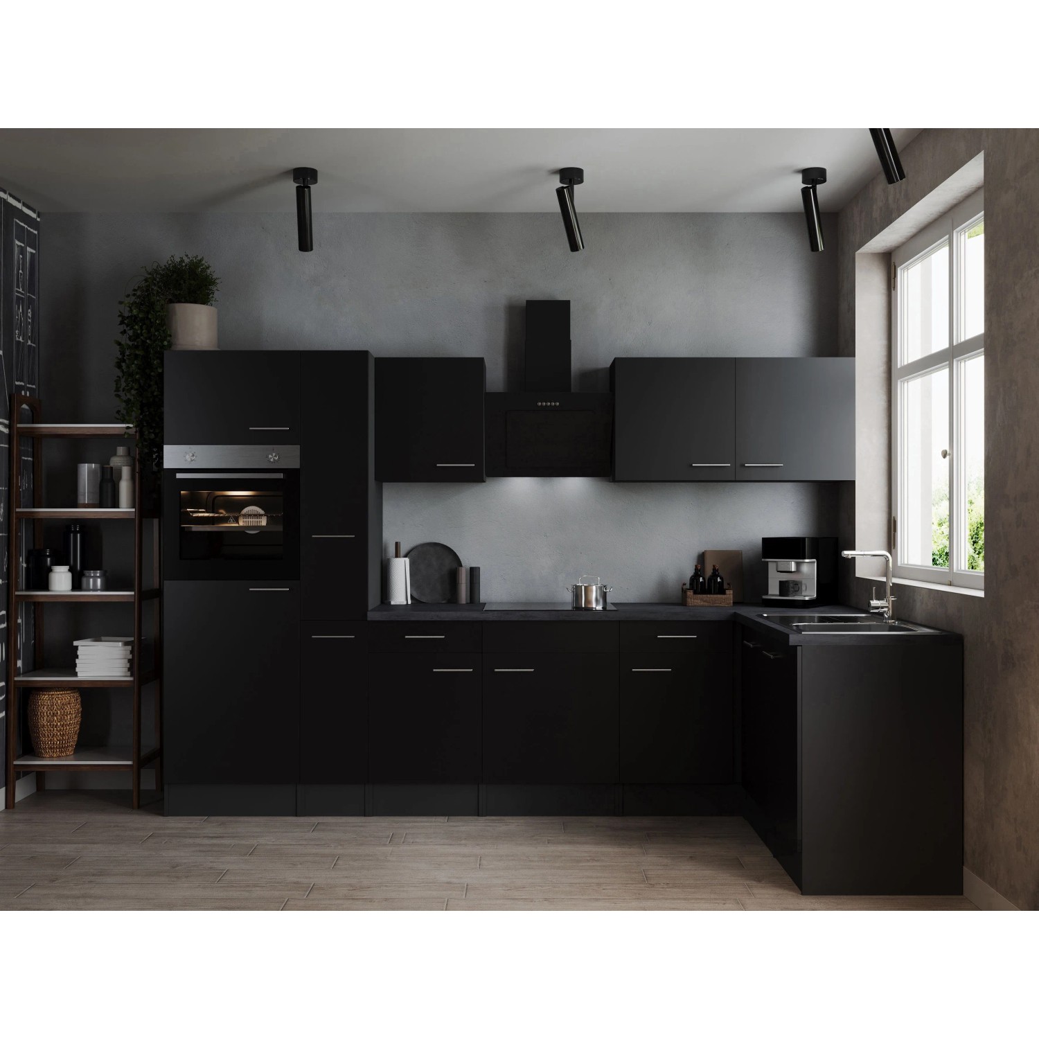 Respekta Kuchyně Oliver L černá/žula 310 cm-trouba/skl.deska/dig./myčka/led.