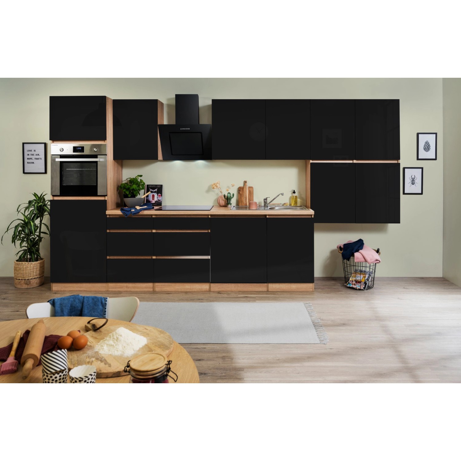 Respekta Kuchyně Lorena černá/dub 380 cm-Bez el. přístrojů