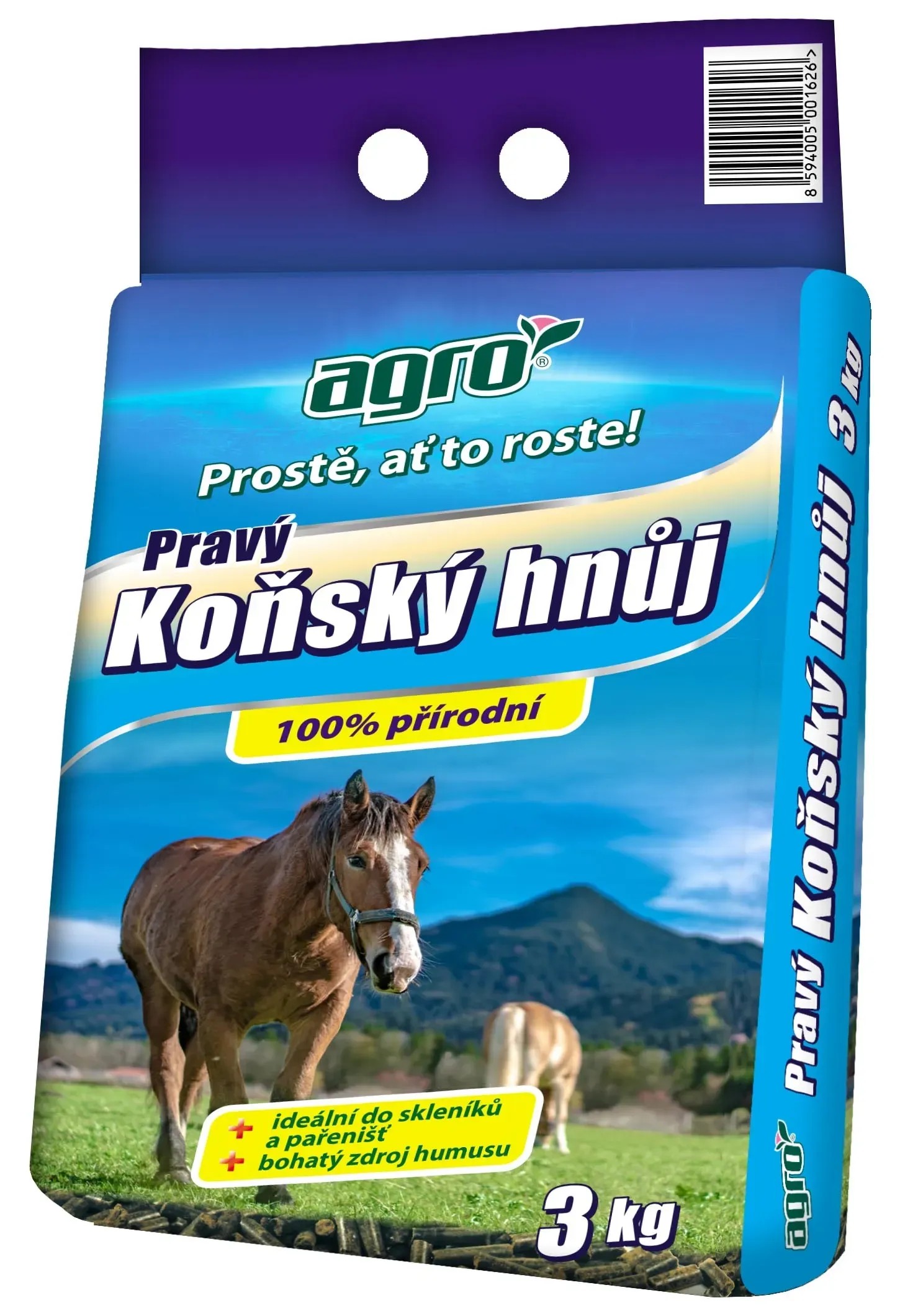 Balení hnojiva z koňského hnoje pro zeleninu, značka Agro. Ideální pro skleníky a bohaté na humus.