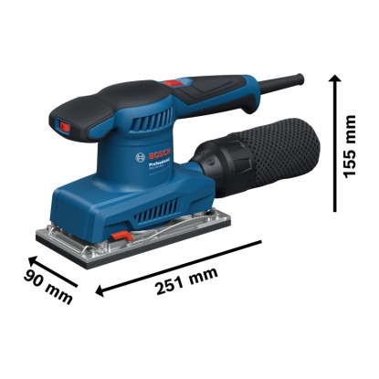 Excentrická bruska Bosch Professional GSS 20-18 A modrá s prachovým sáčkem a rozměry.