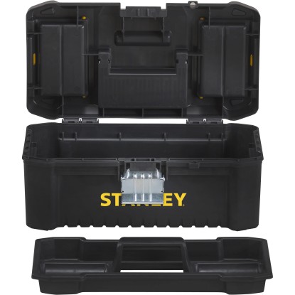 Otevřený plastový box na nářadí Stanley Essential 12,5 palců s kovovými přezkami a vyjímatelnou přihrádkou.