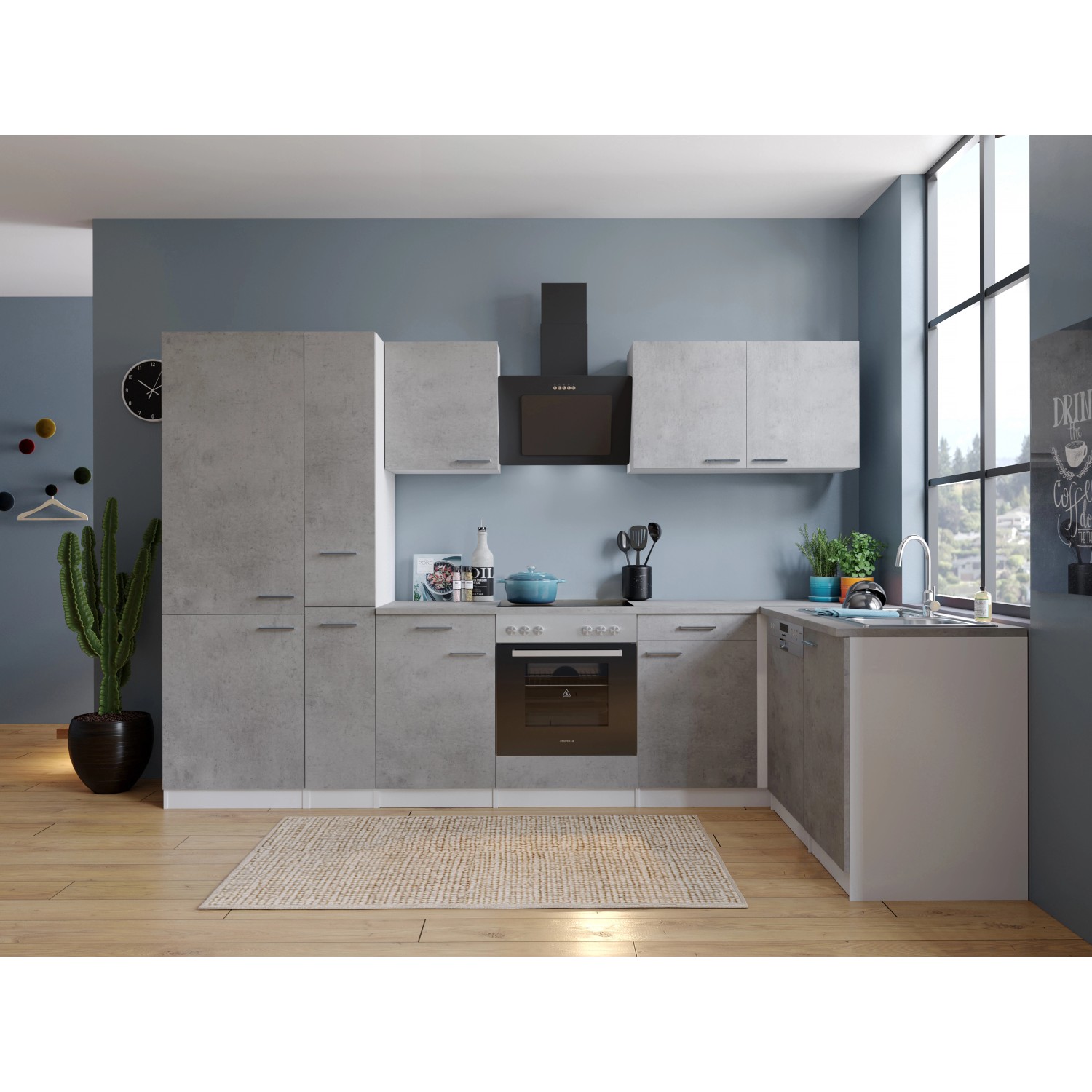 Respekta Kuchyně Malia L beton/beton 310 cm - skl.d./šik.d./myčka/kombi.lednice