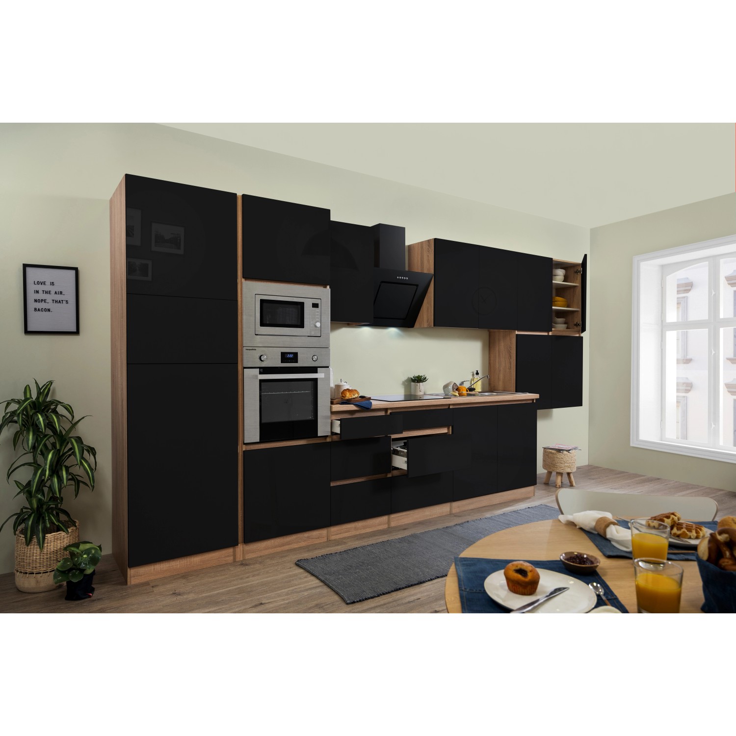 Respekta Kuchyně Lorena černá/dub 435 cm-trouba/skl.d./digestoř/lednice/mikr.