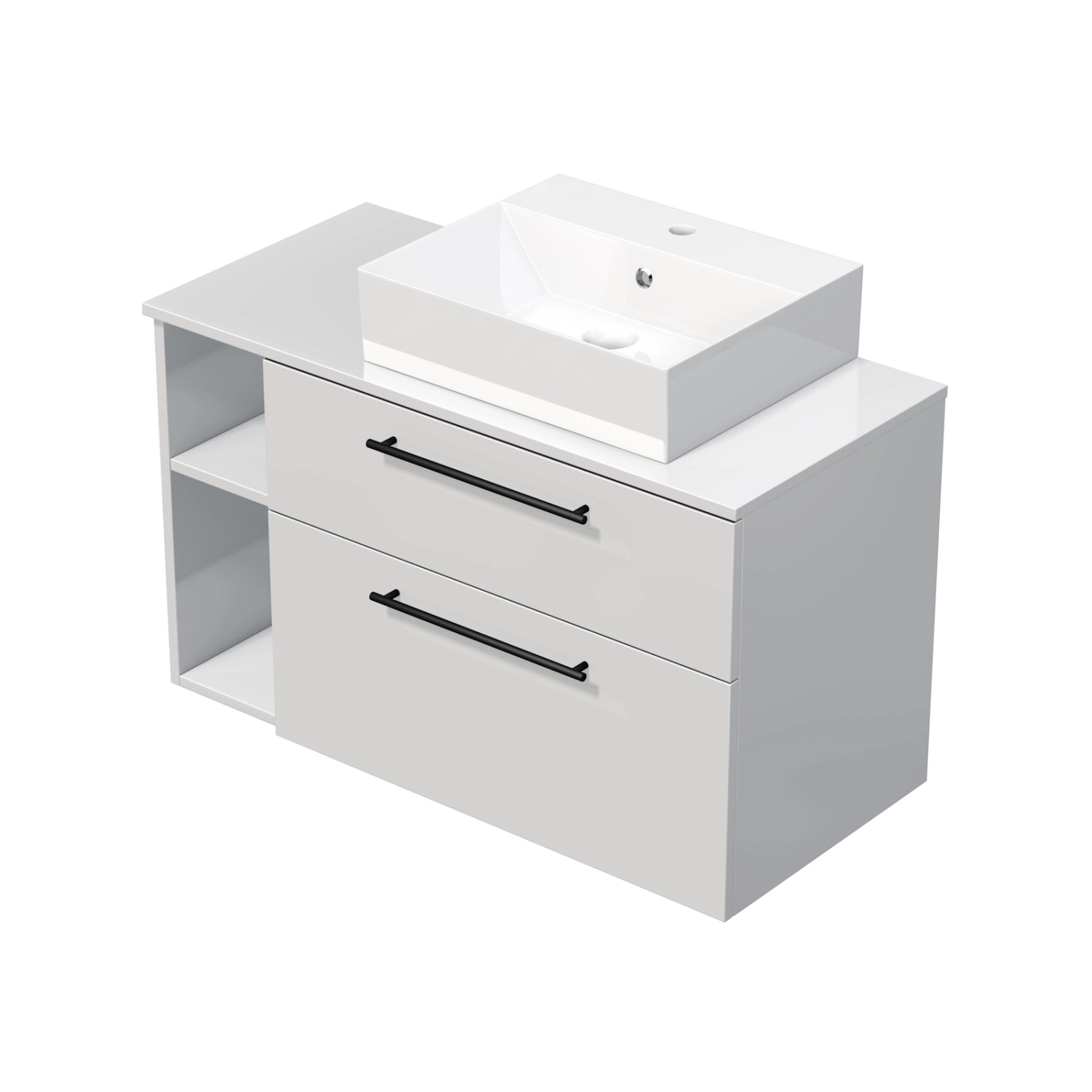 INTEDOOR Koupel.skříň+umyvadlo BEE, úchyt černý, 100cm, regál vlevo, bílá lesk