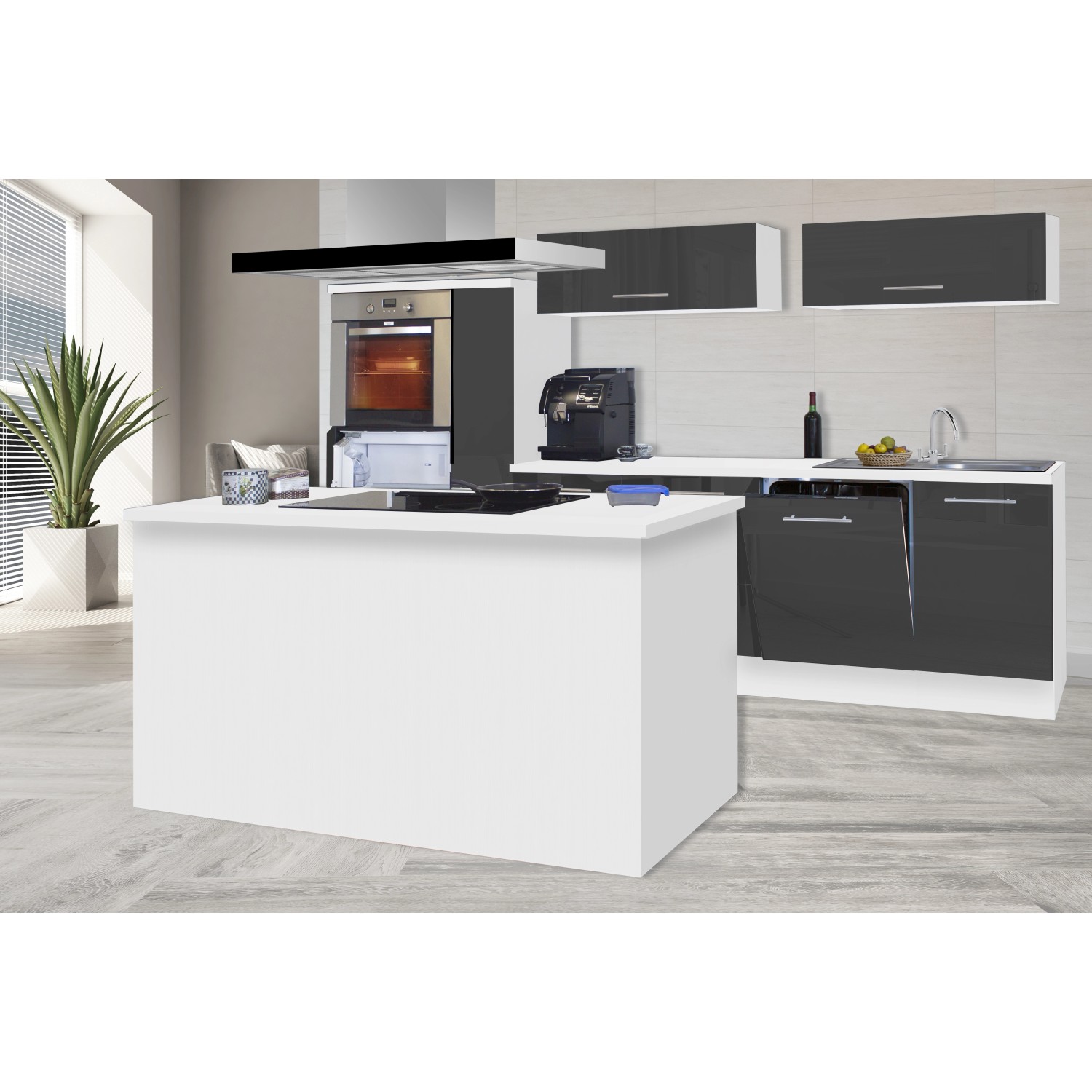 Respekta Kuchyně s ostrůvkem Amanda šedá/bílá 310 cm-trouba/sk.d./dig./my./led.