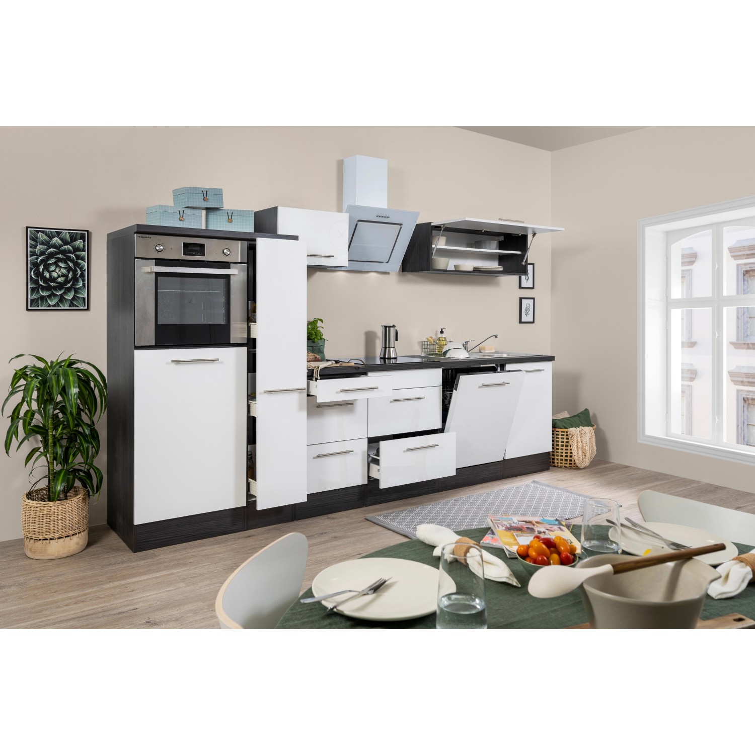 Respekta Kuchyně Amanda bílá/dub 310 cm-trouba/skl.deska/digestoř/myčka/lednice