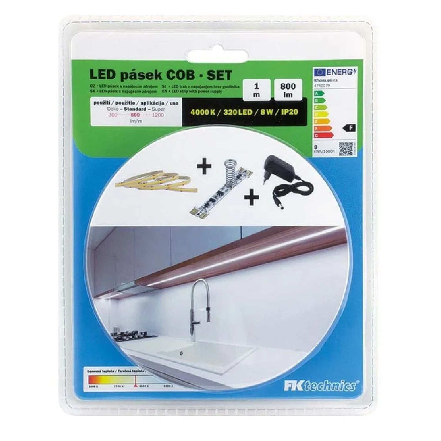 FK Technics SET LED pásek COB s dotykovým spínačem, vč. zdroje, 12W, 4000K, 1 m