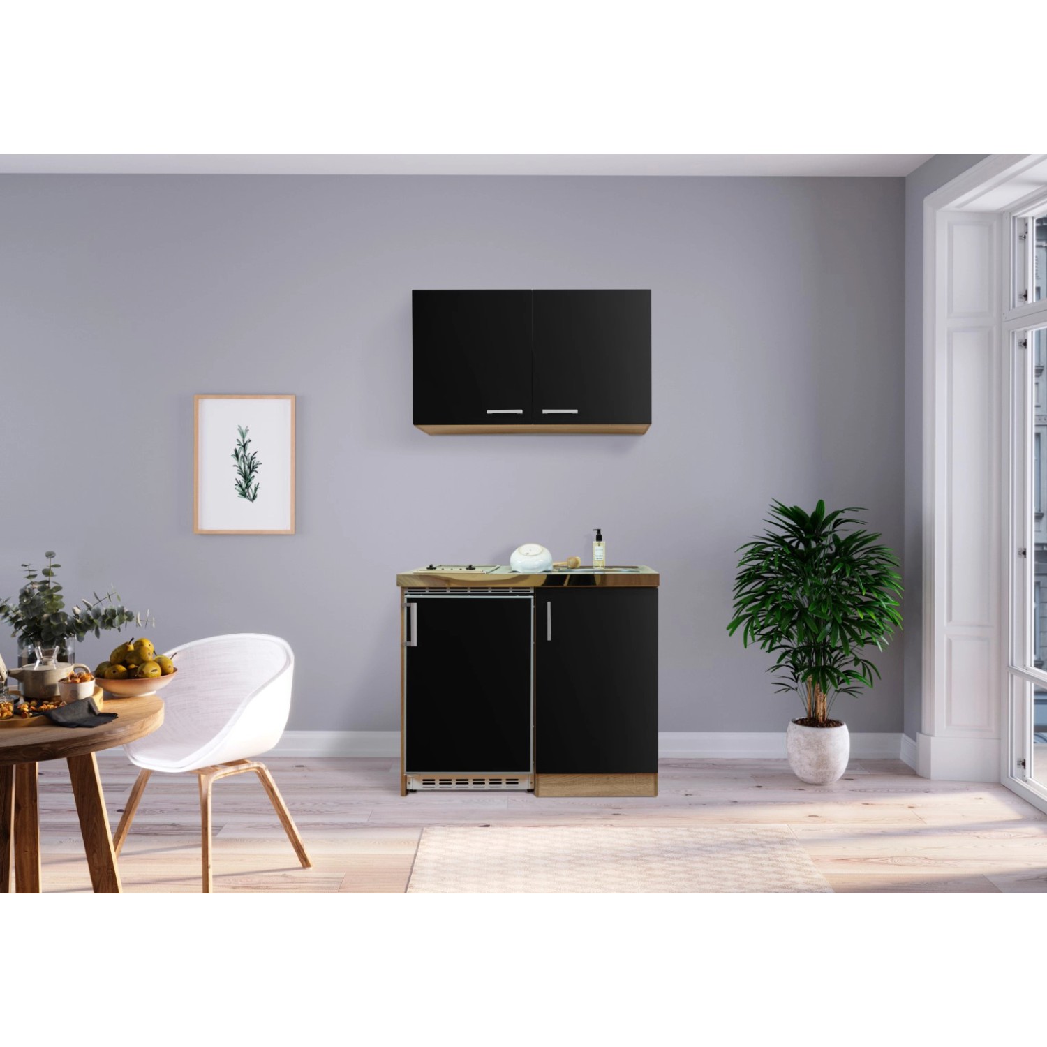 Respekta Kuchyně Levin černá/dub 100 cm-skl.var.deska/lednice UKS110/sp+h sk