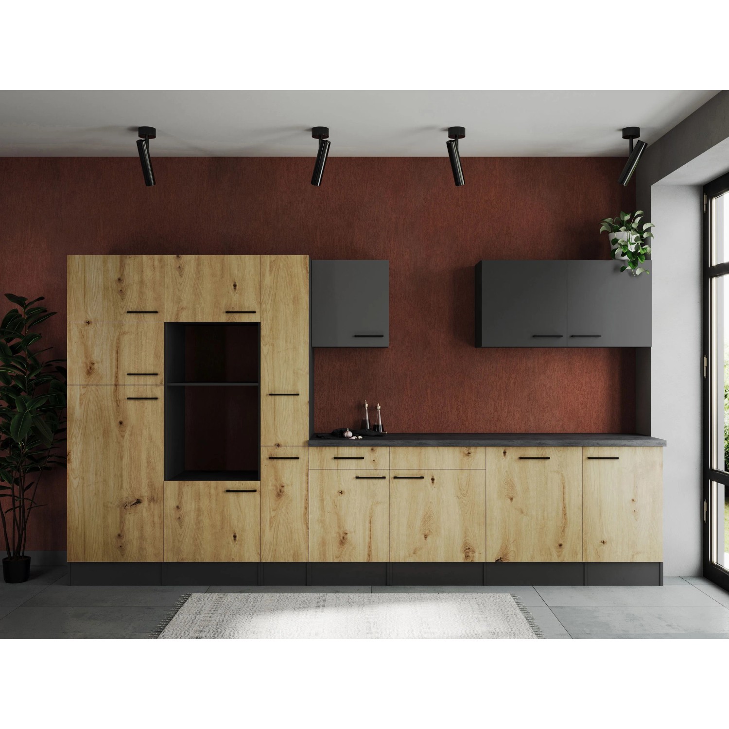 Respekta Kuchyně Oliver dub Artisan+šedá matná/žula 370 cm - bez el. přístrojů