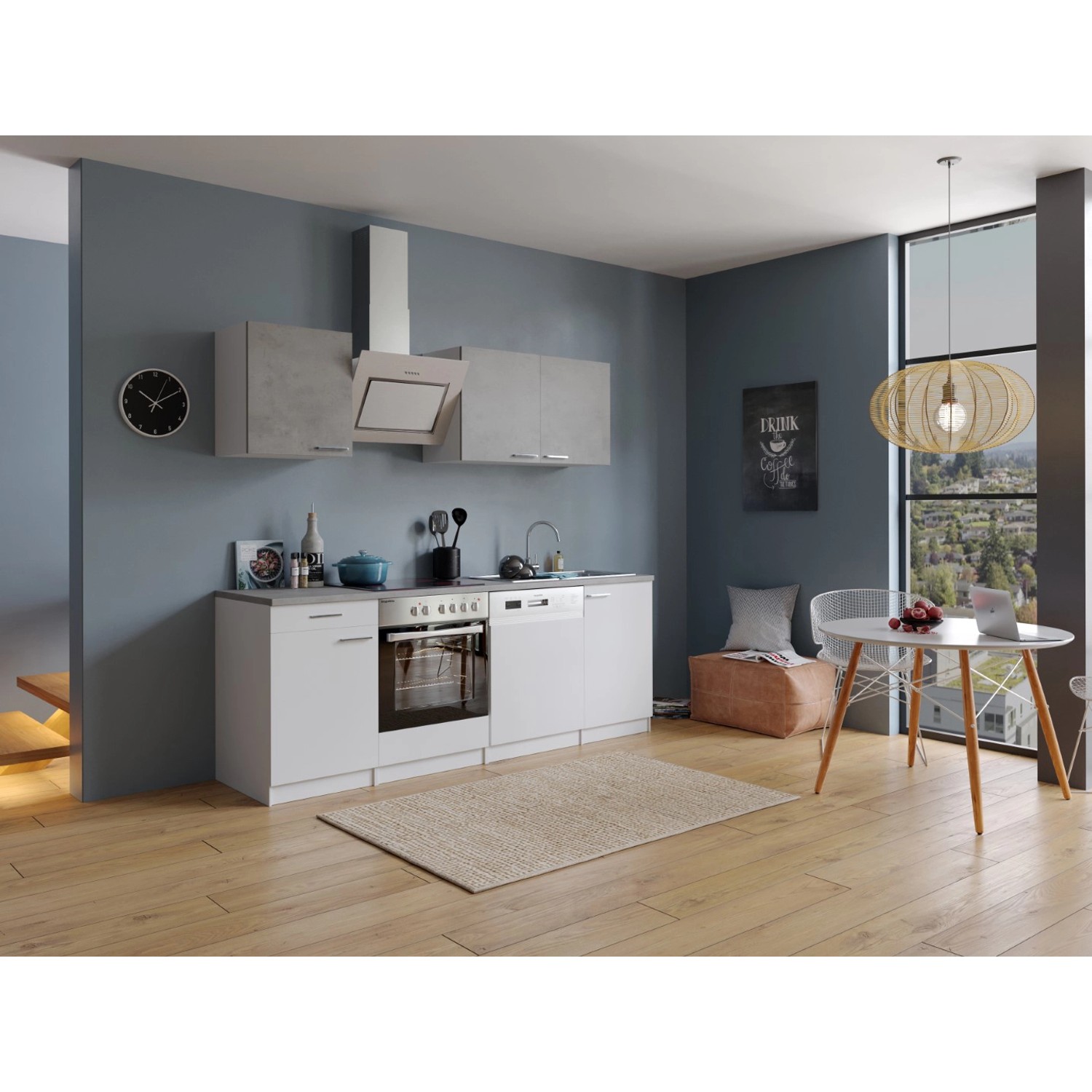 Respekta Kuchyně Malia beton/bílá 220 cm - skloker.deska/šikmá digestoř/myčka