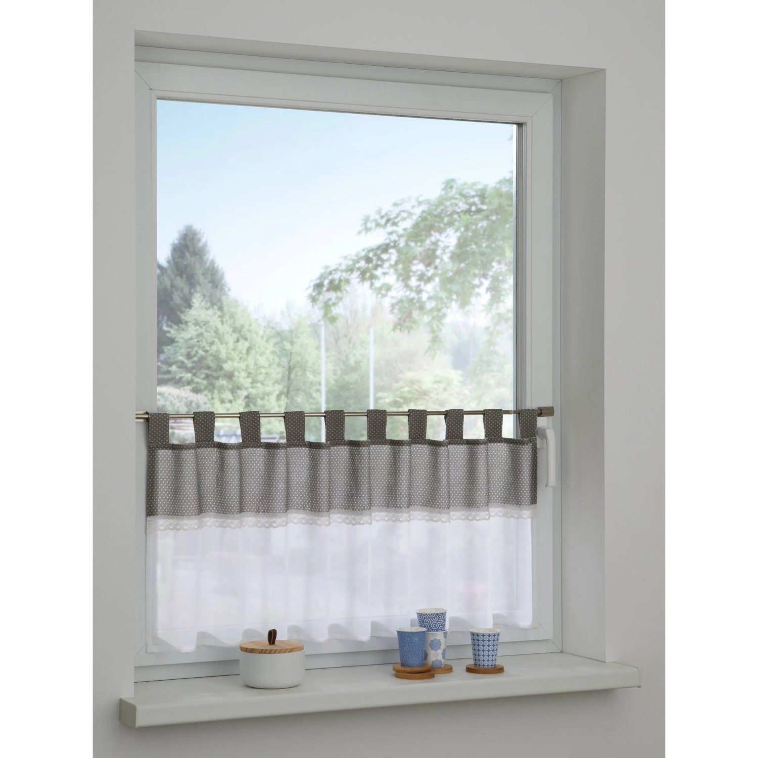 Sehlbach Vitrážová záclona s poutky, s krajkou, stříbrnošedá 135 x 45 cm