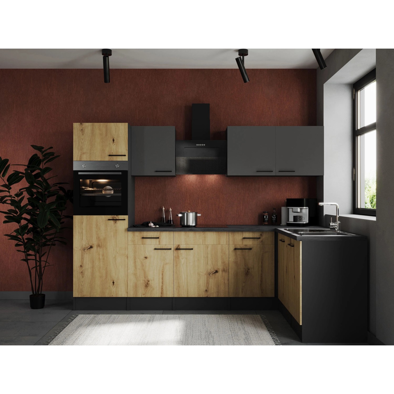 Respekta Kuchyně Oliver L dub+šedá m./žula 280 cm-trouba/skl.d./dig./myčka/led.