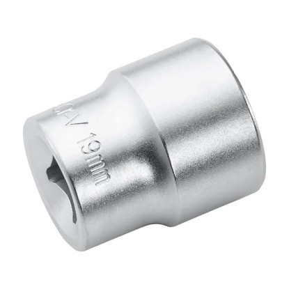 Šestihranná nástrčná hlavice 19 mm s pohonem 10 mm (3/8"), chrom-vanadiová ocel, pro klíče a stahováky.