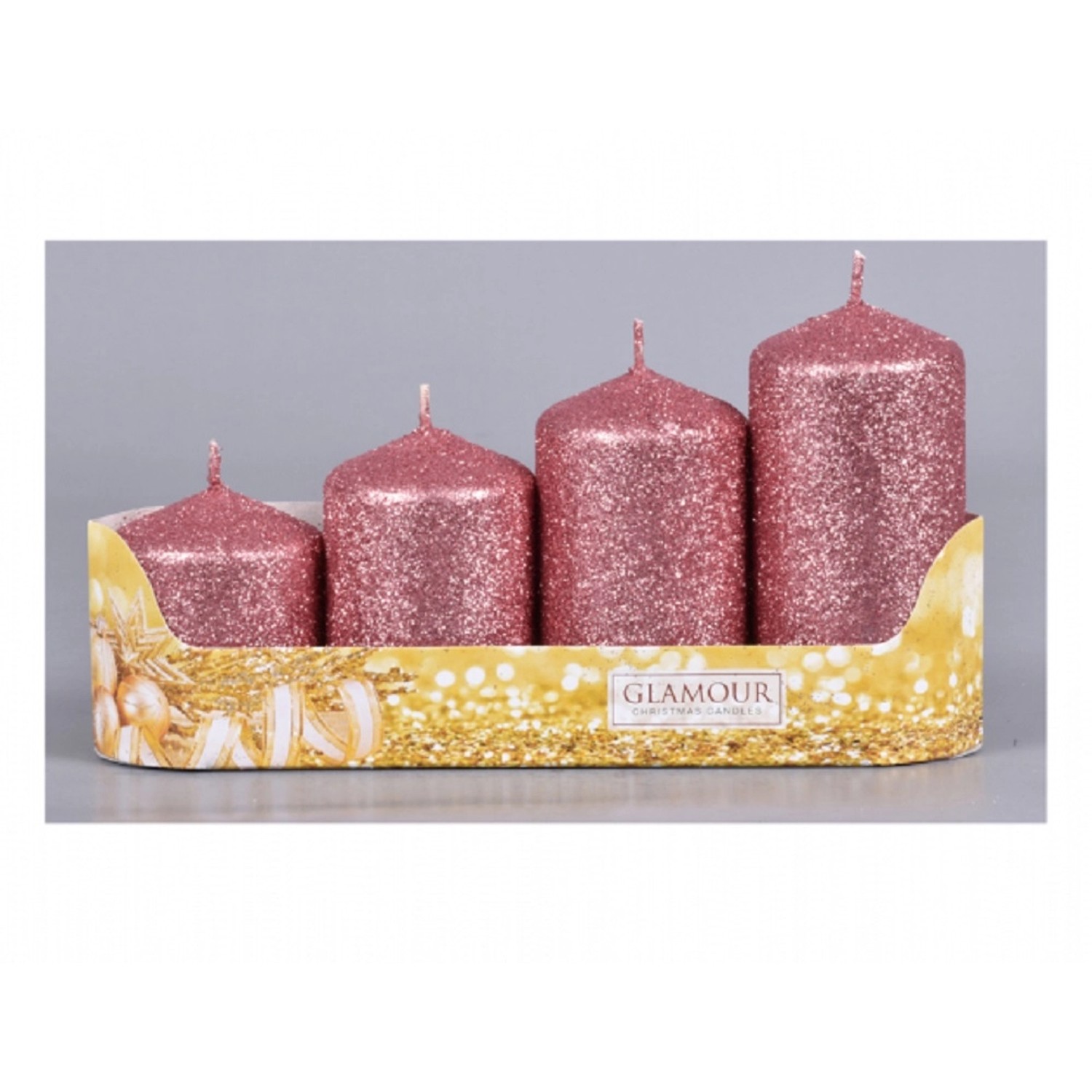 Svíčky adventní STUPŇOVITÉ glitrované růžovozlatá, pr. 5 x 6/7,5/9/10,5 cm, 4 ks