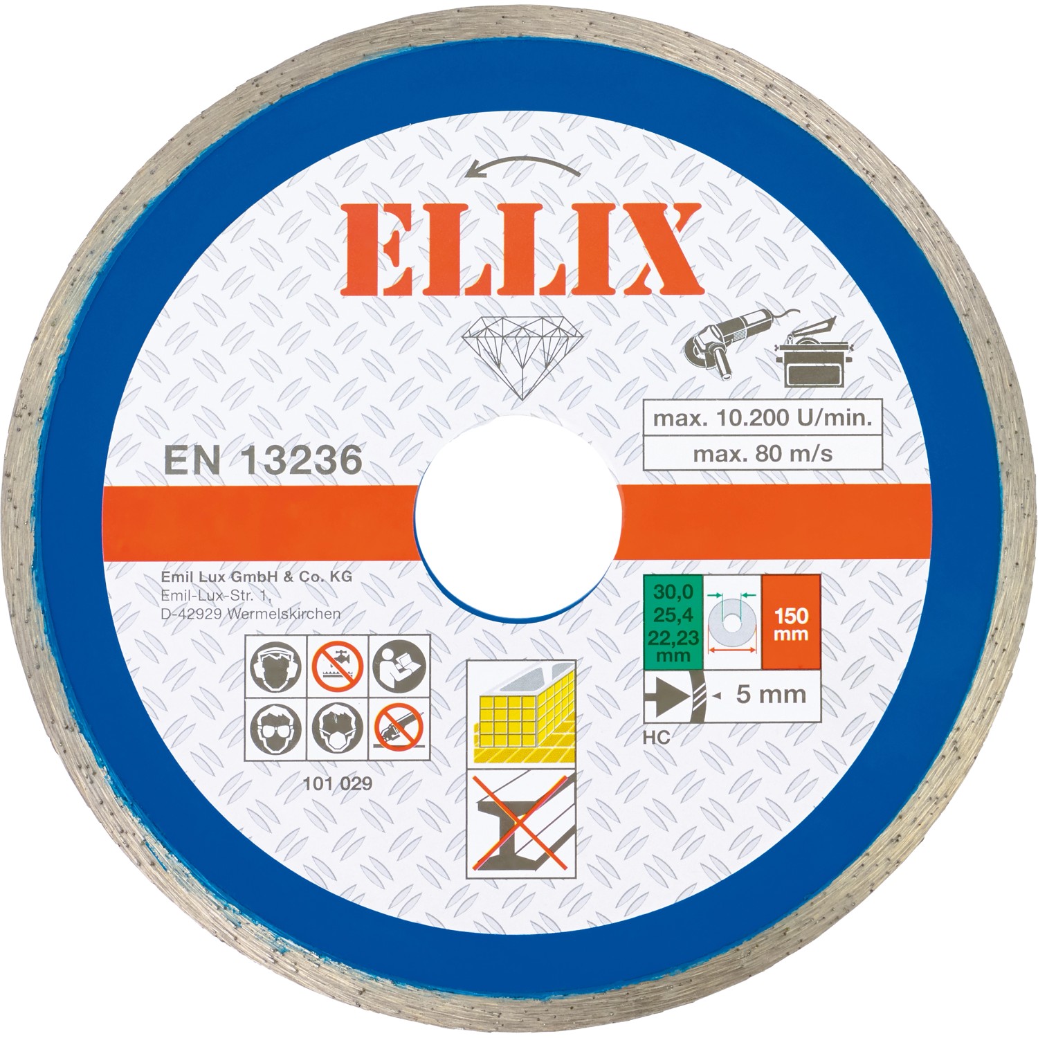 Ellix Diamantový řezný kotouč na dlaždice s celistvým okrajem průměr 150 mm