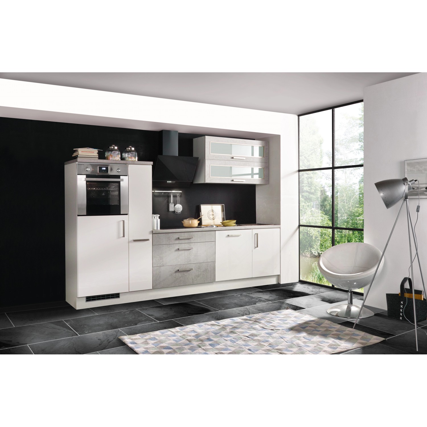 Respekta Kuchyně Kilian bílá/beton 290 cm - trouba/skl.d./digestoř/myčka/lednice