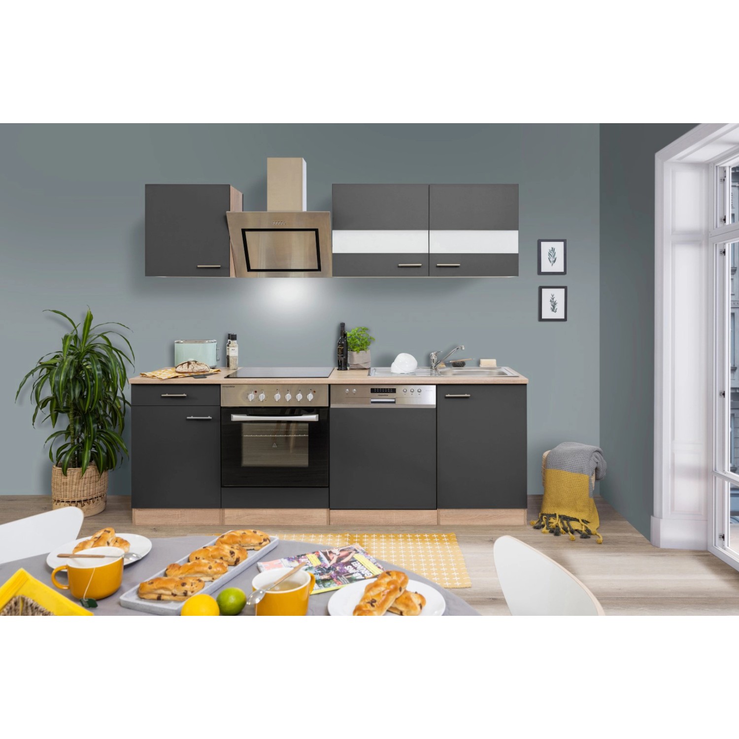 Respekta Kuchyně Merle šedá/dub 220 cm-skl.deska/šikmá digestoř/myčka