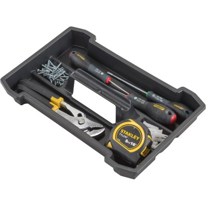 Stanley Essential Mobile 50L box na nářadí, plný nářadí jako šroubováky, kleště a svinovací metr.