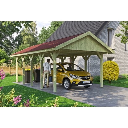 Skan Holz Přístřešek na auto Wallgau zelený, červené šindele, 430 x 750 cm