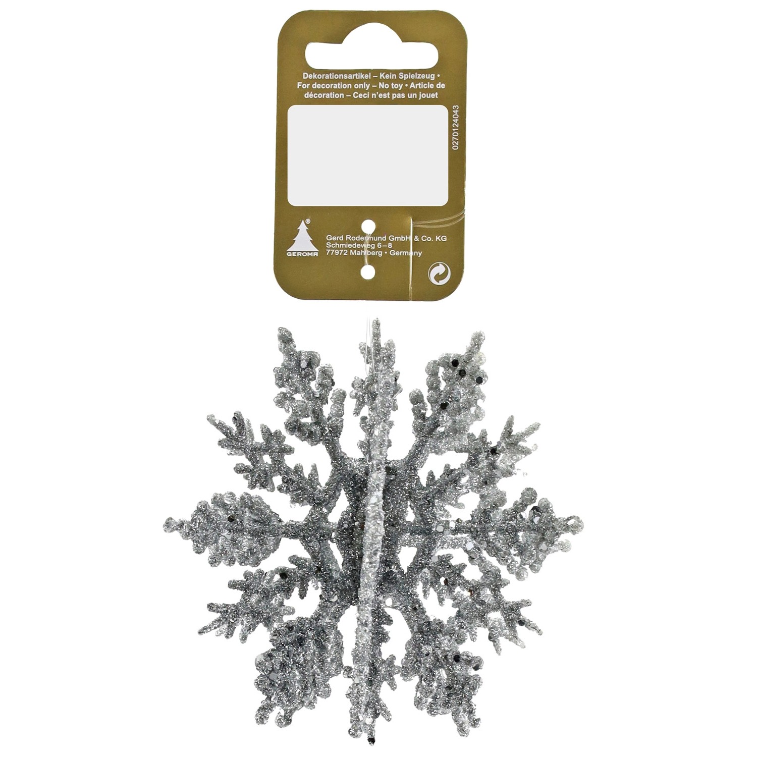 Vánoční koule 3D sněhová vločka se třpytkami, stříbrná, 10 cm